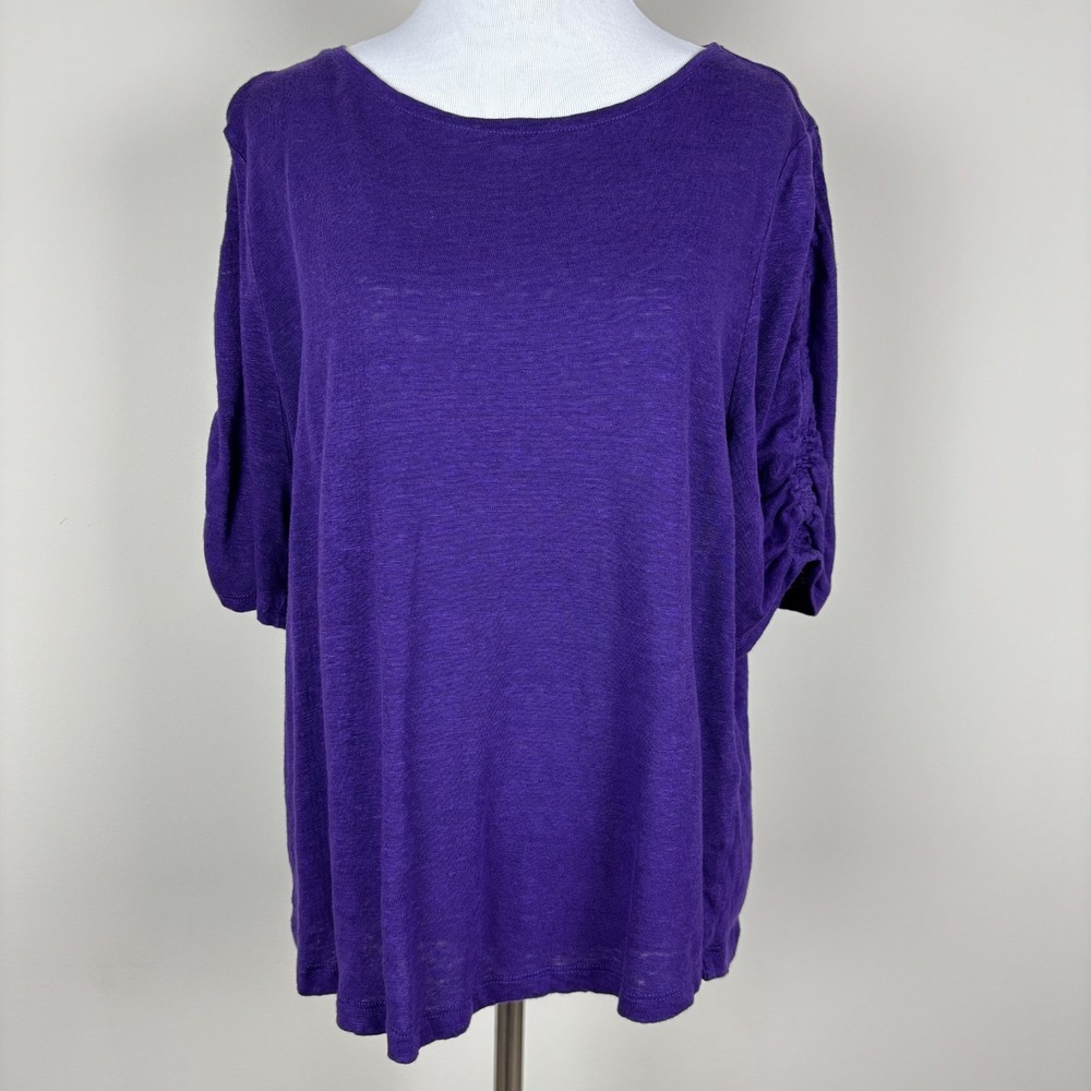 Chicos 3 Top Womens XL Purple Linen Ruched Short Sleeve Solid Pullover Casual